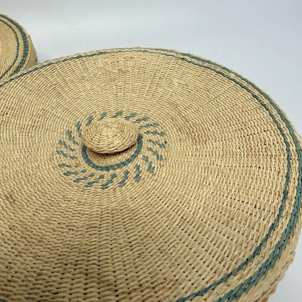 Set 2 Beige Teal Green Tightly Woven Nesting Baskets Lids Boxes Round 5.75